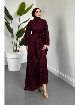 Merven Akyüz Mahbanu Simli Astarlı Balon Kol Elbise Mürdüm