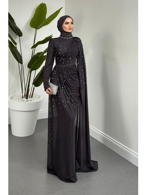 Merven Akyüz Clair Zımba Taşlı Tül Abiye Füme