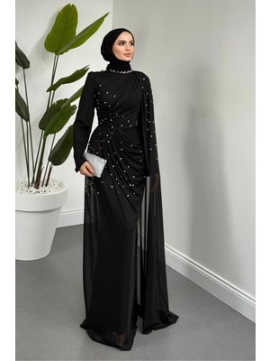 Merven Akyüz Clair Zımba Taşlı Tül Abiye Siyah