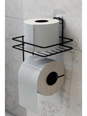 Yapışkanlı Tuvalet Kağıtlığı – Mat Siyah Metal Tuvalet Kağıt Tutacağı ve Yedek Standı, Delmeden Montaj, Suya Dayanıklı Banyo Organizeri (Kare)