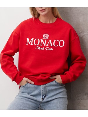 Latal Kadın Kırmızı Bisiklet Yaka Sweatshirt – Monaco Monte Carlo Baskılı Oversize Rahat Kalıp