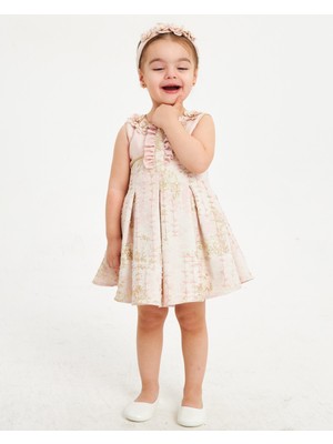 Baby Hola Kız Çocuk Abiye Elbise Balo&Özel Gün Altın Biye ve Çiçek Detaylı Jakar Hediye Taçlı Babyhola