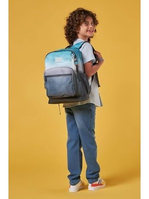 Dört Bölmeli Turkuaz Gri Batik Desenli Ilkokul Sırt Çantası - Erkek Çocuk