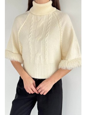 Gülseli Kadın Balıkçı Yaka Kol Peluş Detaylı Triko Bluz P-00020133