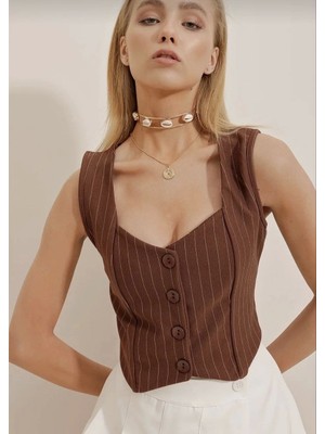 Etiler Collection Çizgili Krep Düğmeli Yelek Kahve S3395