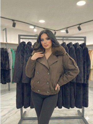 Ribana Classic Kadın Kürk Yaka Detaylı Içi Astarlı Çift Cepli Omuzları Kemerli Beli Lasitkli Ceket Görünümlü Kaban 4901