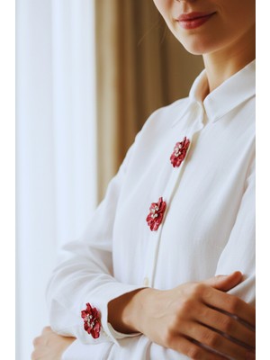 Reoona 6 Yapraklı Kristal Detaylı Kırmızı Çiçek Düğme Broş, Düğme Kapağı, Toka, Klips