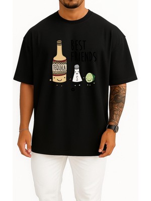 Bahriyeli Collection Oversize Tequila Tuz ve Limon En Iyi Arkadaşım Göğüs Baskılı Unisex T-Shirt