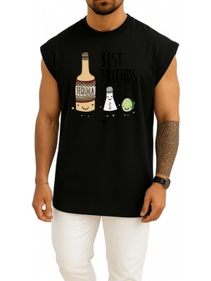 Bahriyeli Collection Oversize Tequila Tuz ve Limon En Iyi Arkadaşım Göğüs Baskılı Atlet