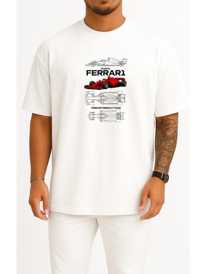 Bahriyeli Collection Oversize Ferrari Formula 1 Araba Göğüs Baskılı Unisex T-Shirt