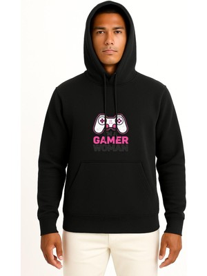 Bahriyeli Collection Kapüşonlu Ben Oyuncu Kadınım Gamer Göğüs Baskılı Unisex Sweatshirt