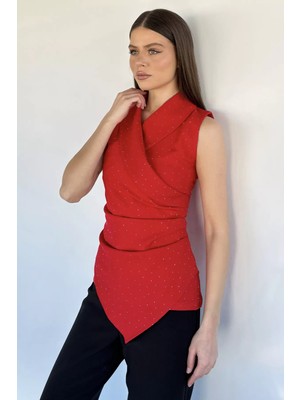 Gülseli Kadın Kruvaze Yaka Taşlı Drapeli Asimetrik Kesim Bluz P-00020101