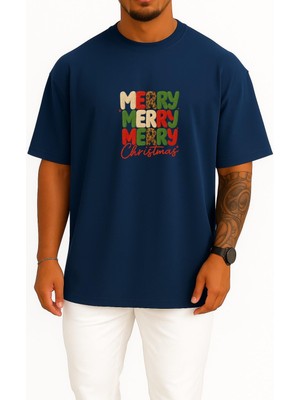 Bahriyeli Collection Oversize Merry Merry Merry Christmas Yılbaşı Yeni Yıl Göğüs Baskılı Unisex T-Shirt