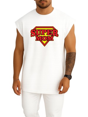 Bahriyeli Collection Oversize Super Mom - Süper Anne Göğüs Baskılı Atlet