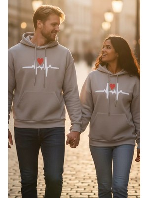 Gülseli Şardonlu Baskılı Kapüşonlu Sevgili Kombini Ikili Sweatshirt (S-M-L Beden Uyumludur.) P-00020130