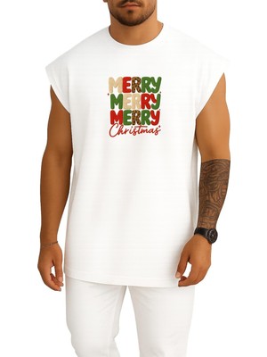 Bahriyeli Collection Oversize Merry Merry Merry Christmas Yılbaşı Yeni Yıl Göğüs Baskılı Atlet