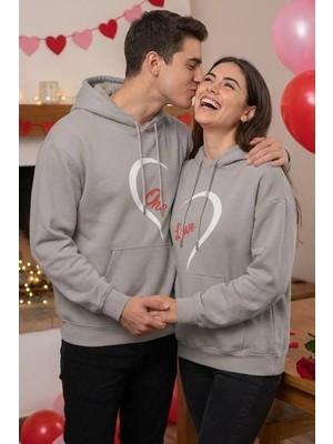 Gülseli Baskılı Kapüşonlu Şardonlu Sevgili Kombini Ikili Sweatshirt (S-M-L Beden Uyumludur.) P-00020128