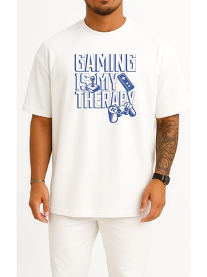 Bahriyeli Collection Oversize Gaming Is My Therapy Göğüs Baskılı Unisex T-Shirt