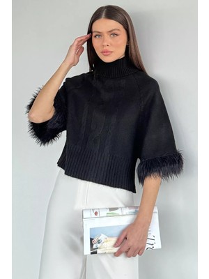 Gülseli Kadın Balıkçı Yaka Kol Peluş Detaylı Triko Bluz P-00020133