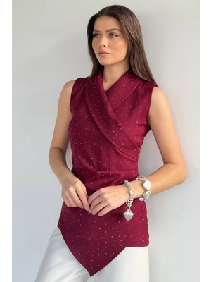 Gülseli Kadın Kruvaze Yaka Taşlı Drapeli Asimetrik Kesim Bluz P-00020101