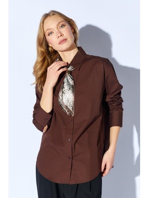 Tena Kadın Kahve Kurdele Aksesuar Detaylı Poplin Gömlek