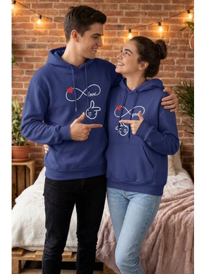 Gülseli Şardonlu Kapüşonlu Baskılı Sevgili Kombini Ikili Sweatshirt (S-M-L Beden Uyumludur.) P-00020125