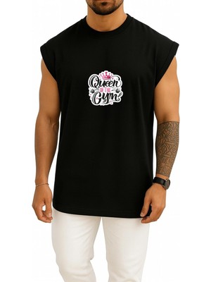 Bahriyeli Collection Oversize Fitness Kraliçe Kadın Gym Göğüs Baskılı Atlet
