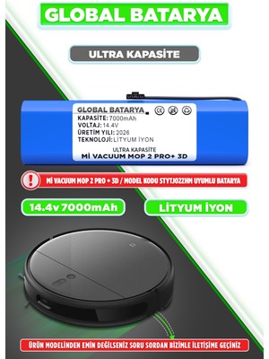 Global Batarya Xiaomi Mi Vacuum Mop 2 Pro Plus 3D Uyumlu Akıllı Robot Süpürge Batarya 14.4V 7000MAH Li-Ion Pil (Ultra Kapasite)