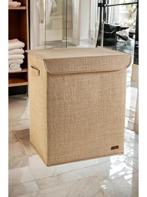 CINARSTORE Jüt Kapaklı Katlanır Kirli Çamaşır Çocuk Odası Oyuncak Saklama Kutusu Sepet 40X50X30