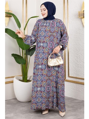 Lizay Büyük Beden Desenli Elbise  Indigo