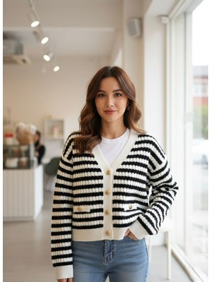 My Lunessa Gold Düğme Siyah Beyaz Çizgili Kısa Triko Hırka