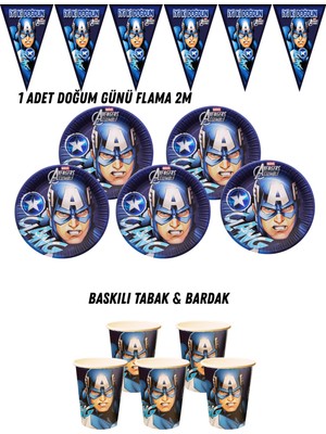 Kaptan Amerika America 32 Kişilik Tabak , Bardak , Flama Bayrak Doğum Günü Set
