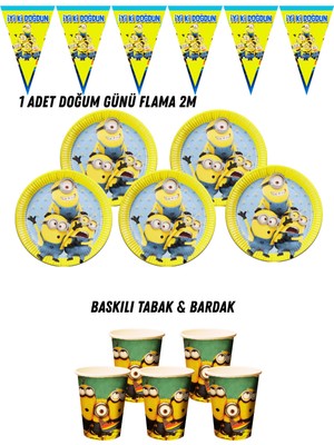 Minions Minyonlar 24 Kişilik Tabak , Bardak , Flama Bayrak Doğum Günü Set