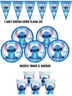 Stitch Lilo & Stiç 8 Kişilik Tabak , Bardak , Flama Bayrak Doğum Günü Set