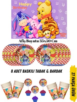 Winnie The Pooh Temalı Doğum Günü Tabak , Bardak , Afiş Seti 35X50