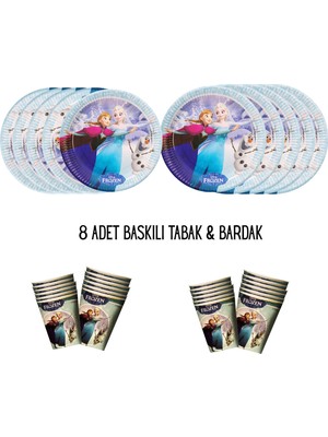 Frozen Elsa Karlar Ülkesi Tema Uyumlu Baskılı 8 Kişilik Tabak , Bardak Doğum Günü Set
