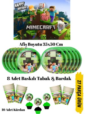 Minecraft Temalı Doğum Günü Tabak , Bardak , Afiş Seti