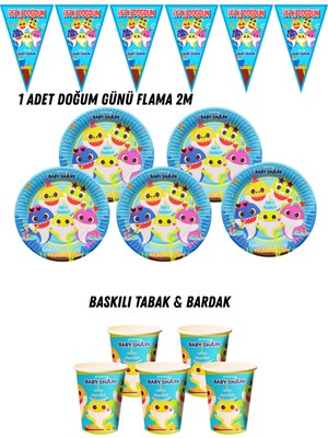 Baby Shark 8 Kişilik Tabak , Bardak , Flama Bayrak Doğum Günü Set