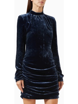 Rotate Birger Christensen Ruched Mini Elbise, Yüksek Yaka ve Kadife Şıklığı