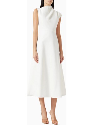 Rafaela Drapeli Midi Elbise, Off White Zarif Abiye Şık Tasarım