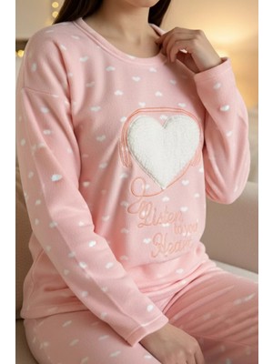 Gülseli Kadın Bisiklet Yaka Kalpli Polar Pijama Takımı P-00019954