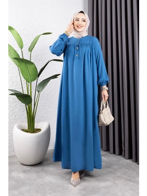 Lizay Yarım Düğmeli Viskon Elbise Indigo - Indigo - 42