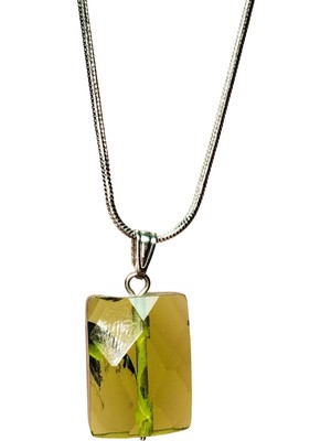 ModaSize Moldavit Doğal Taşı Zincirli El Yapımı Kolye Uç: 2 cm Zincir: 20 cm Kutulu