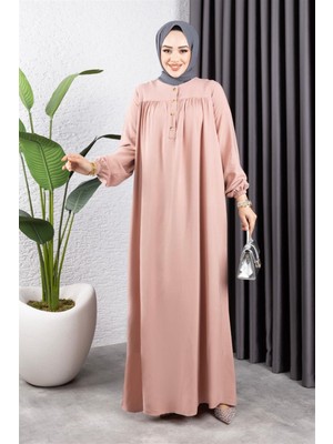 Lizay Yarım Düğmeli Viskon Elbise Pudra - Pudra - 46