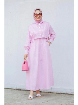 Tesettür Diyarı Cepken Detaylı Çizgi Desenli Pamuk Tesettür Elbise- Pembe