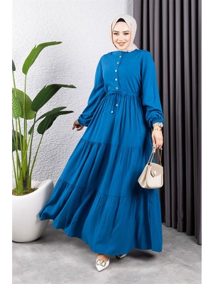 Lizay Belden Bağcıklı Viskon Elbise  Indigo - Indigo - 40