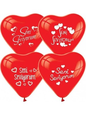 12 Adet Kırmızı Kalpli Seni Seviyorum Baskılı Balon Helyumla Uçan