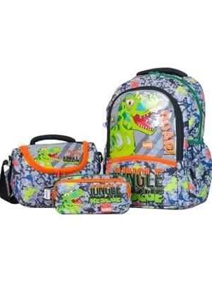 Wia Dinazor Baskılı Erkek Çocuk Üçlü Okul Çanta Seti - Gri-Yeşil