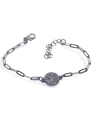 Tuncel Store Gümüş Renk Yuvarlak Beyaz Taşlı Model Ataç Zincir Çelik Bileklik - 3677
