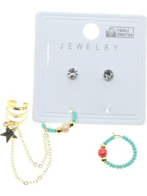 Tuncel Store Altın Renk Yuvarlak Kıkırdak Kombin Turkuaz Boncuk Küpe - 2851